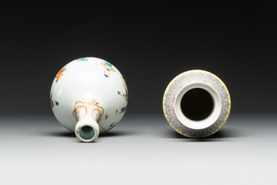 Two Chinese famille rose vases and a qianjiang cai tray, Qianlong mark, 18th C. and later