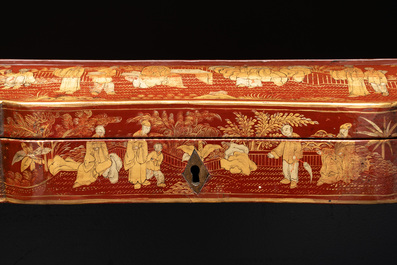 A large Chinese Canton gilt-lacquered garment box with landscape and figural design, 19th