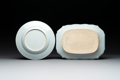 A Chinese famille rose plate with figural design and a dish with floral design, Yongzheng/Qianlong