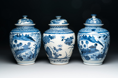 Three Japanese Arita blue and white vases and covers, Edo, 17th C.