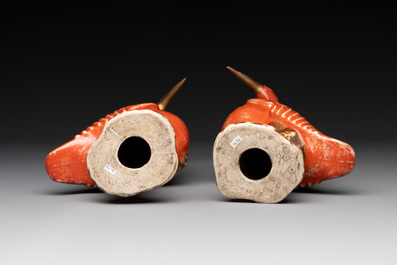 A pair of Chinese white-glazed Buddhist lions, a pair of doves and a pair of iron-red-decorated cranes, Ming and later