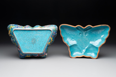 A pair of Chinese cloisonn&eacute; butterfly-form boxes and covers with jade plaques, 20th C.