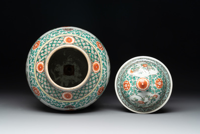 A Chinese famille verte vase and two covered vases, 19th C.