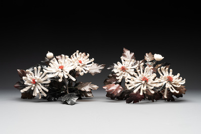 A pair of Chinese cloisonn&eacute; 'peonies' vases and a pair of jardini&egrave;res with precious stone flowers, 20th C.