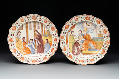 Four Dutch-decorated English 'religious subject' creamware plates, 18th C.