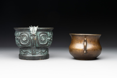 A Chinese bronze censer with Xuande mark and an archaistic vessel, 18/19th C.