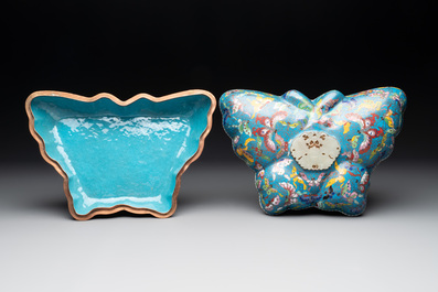 A pair of Chinese cloisonn&eacute; butterfly-form boxes and covers with jade plaques, 20th C.