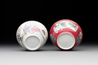 A Chinese famille rose 'erotic' cup and saucer and a ruby-ground 'landscape' cup and saucer, 18th C.