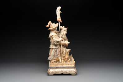 A Chinese bone-veneered group of Guandi and his attendents, 20th C