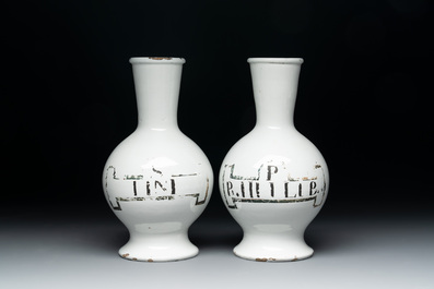 A fine pair of blue and white Dutch Delft pharmacy bottles, 18th C.