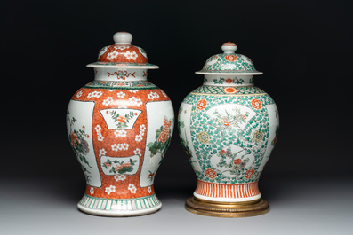 A Chinese famille verte vase and two covered vases, 19th C.