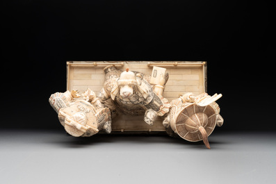 A Chinese bone-veneered group of Guandi and his attendents, 20th C