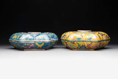 A pair of Chinese cloisonn&eacute; butterfly-form boxes and covers with jade plaques, 20th C.