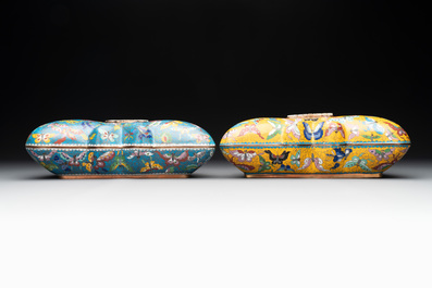 A pair of Chinese cloisonn&eacute; butterfly-form boxes and covers with jade plaques, 20th C.