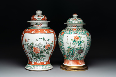 A Chinese famille verte vase and two covered vases, 19th C.