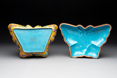 A pair of Chinese cloisonn&eacute; butterfly-form boxes and covers with jade plaques, 20th C.