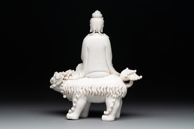 Three Chinese Dehua blanc de Chine figures of Guanyin and Wenchang, He Chaozong 何朝宗 and Dehua 德化 mark, 20th C.