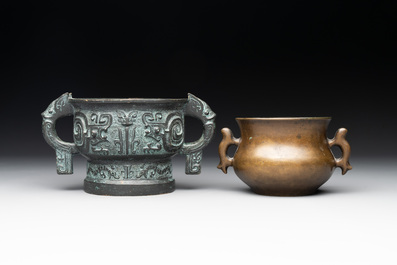 A Chinese bronze censer with Xuande mark and an archaistic vessel, 18/19th C.