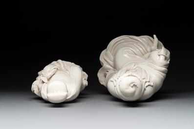 Three Chinese Dehua blanc de Chine figures of Guanyin and Wenchang, He Chaozong 何朝宗 and Dehua 德化 mark, 20th C.