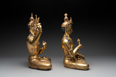 Two large gilt bronze figures of a Tara and Manjusri, Nepal, 20th C.