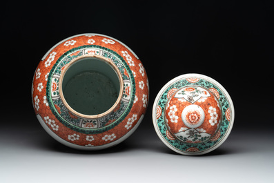 A Chinese famille verte vase and two covered vases, 19th C.