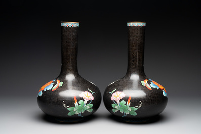 A pair of Chinese cloisonn&eacute; 'peonies' vases and a pair of jardini&egrave;res with precious stone flowers, 20th C.