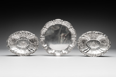 Three silver dishes with floral design, probably Germany, 19/20th C.