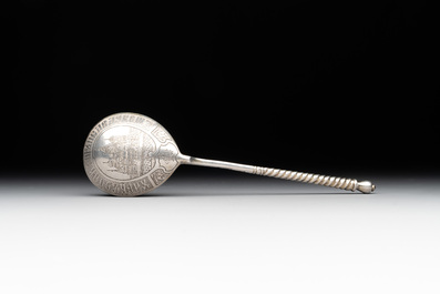 A parcel-gilt silver spoon and a 'C.J.K.' engraved seal stamp, Russia and possibly France, 19/20th C.