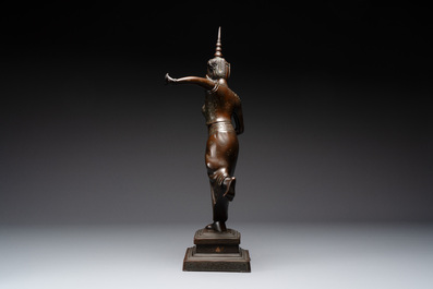 A large Vietnamese copper- and silver-inlaid bronze sculpture of a dancer, Bien Hoa school, early 20th C.