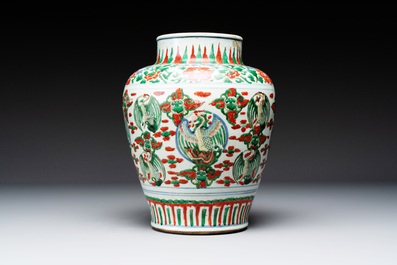 A Chinese wucai 'phoenix' vase, Transitional period