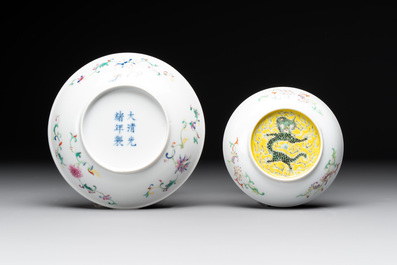 A Chinese famille rose yellow-ground 'butterfly' plate and a saucer with floral design, Guangxu mark, 19/20th C.