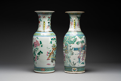 Two Chinese famille rose vases with birds among flowers and narrative design, 19th C.