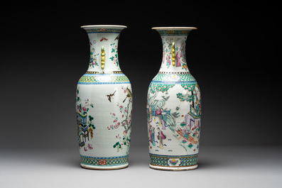 Two Chinese famille rose vases with birds among flowers and narrative design, 19th C.