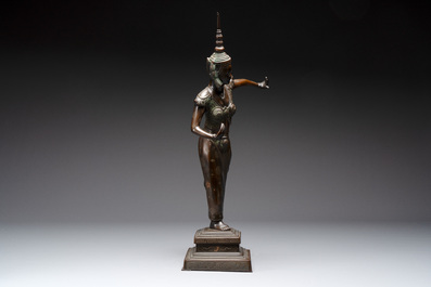A large Vietnamese copper- and silver-inlaid bronze sculpture of a dancer, Bien Hoa school, early 20th C.