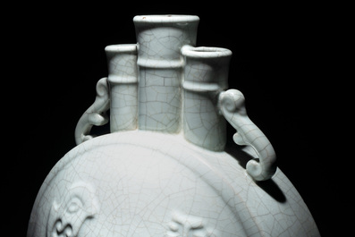 A Chinese ge-type triple-neck moonflask vase with Daoist emblems, 'bianhu', Yongzheng mark and possibly of the period