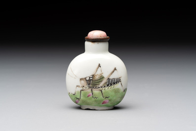 A pair of Chinese blue, white and copper-red 'mythical beasts' and a famille rose 'grasshopper' snuff bottle, Yongzheng and Daoguang mark, 19th C.