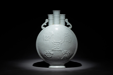 A Chinese ge-type triple-neck moonflask vase with Daoist emblems, 'bianhu', Yongzheng mark and possibly of the period