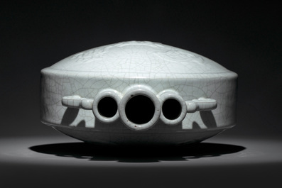 A Chinese ge-type triple-neck moonflask vase with Daoist emblems, 'bianhu', Yongzheng mark and possibly of the period