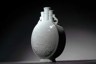 A Chinese ge-type triple-neck moonflask vase with Daoist emblems, 'bianhu', Yongzheng mark and possibly of the period