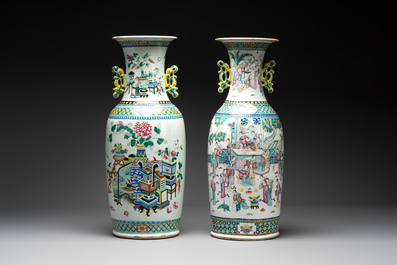 Two Chinese famille rose vases with birds among flowers and narrative design, 19th C.