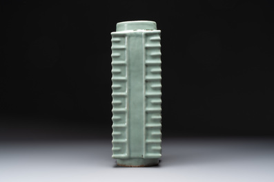 A large Chinese Longquan celadon 'cong' vase, Song/Yuan
