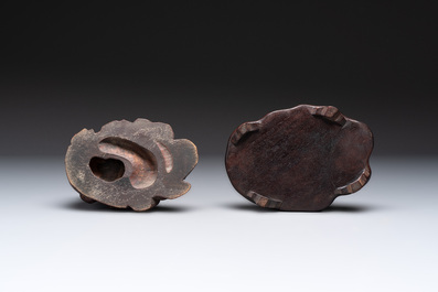 A fine Chinese carved bamboo group with Liuhai on wooden stand, 19th C.