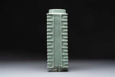 A large Chinese Longquan celadon 'cong' vase, Song/Yuan