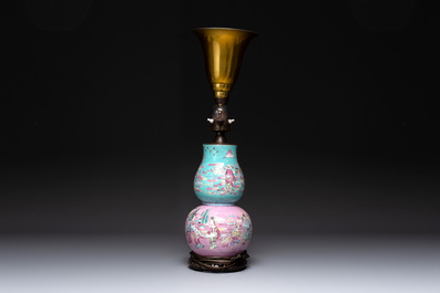 A Chinese famille rose double gourd 'Eight Immortals' vase mounted as a lamp, 19th C.