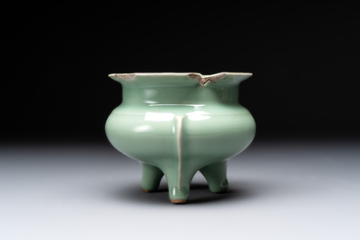 A Chinese Longquan celadon tripod censer, Southern Song