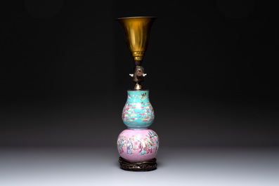 A Chinese famille rose double gourd 'Eight Immortals' vase mounted as a lamp, 19th C.