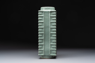 A large Chinese Longquan celadon 'cong' vase, Song/Yuan