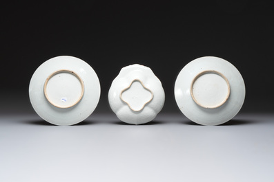 A pair of Chinese Canton famille rose plates, a vase and a shell-form dish, 19th C.