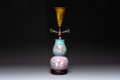A Chinese famille rose double gourd 'Eight Immortals' vase mounted as a lamp, 19th C.