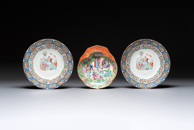 A pair of Chinese Canton famille rose plates, a vase and a shell-form dish, 19th C.